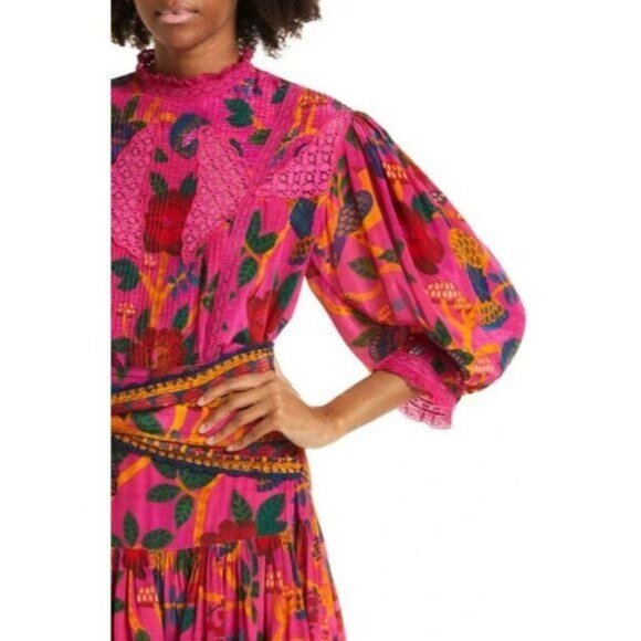 Farm Rio Blouse S Pink Sweet Forest Lace Tropical Floral High Neck Pin - Picture 4 of 15